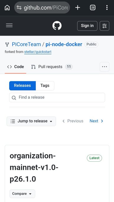 The image shows the GitHub releases page for the PiCoreTeam/pi-node-docker repository, displaying the latest release "organization-mainnet-v1.0-p26.1.0." This confirms the post's claim that Pi Network's v26 mainnet has officially launched, as evidenced by the deployment of the mainnet node software version 1.0.