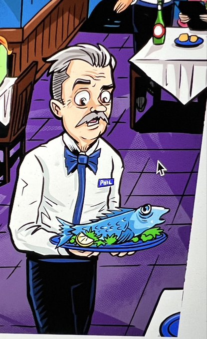 An illustrated scene shows a mustachioed waiter named "PHIL" carrying a plate with a whole fish on it through a purple-tiled restaurant.
