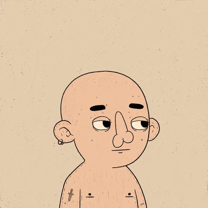 A simple cartoon drawing depicts a bald, shirtless person with a neutral expression, wearing an earring and featuring a small cross tattoo.