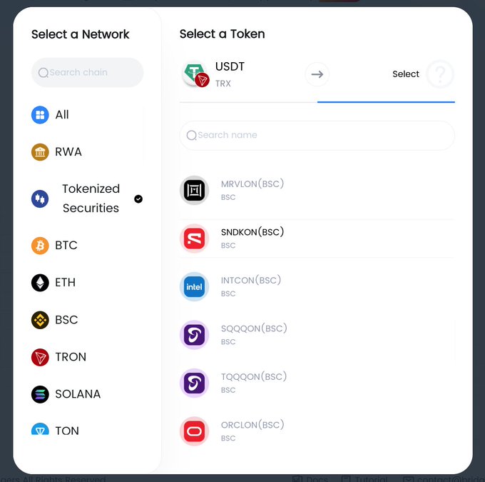 A screenshot of a computer screen displaying a list of different cryptocurrencies listed on a cryptocurrency exchange site, along with their corresponding tokenized securities. The page also offers trading options for selecting tokens from various cryptocurrency networks like Binance and Ripple.