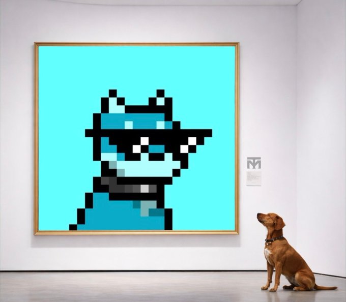 A brown dog sits in a gallery looking at a large pixel-art painting of a blue character wearing a hat.
