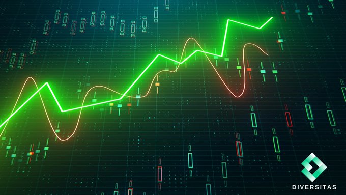 A dark financial chart showing a rising green line graph with candlestick patterns overlaid, featuring the 'DIVERSITAS' logo in the bottom right corner.