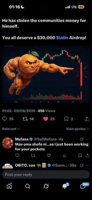 A Twitter post displays the same muscular orange character pointing at a crashing chart, with text reading 'He has stolen the communities money for himself. You all deserve a $30,000 $Udin Airdrop!'.
