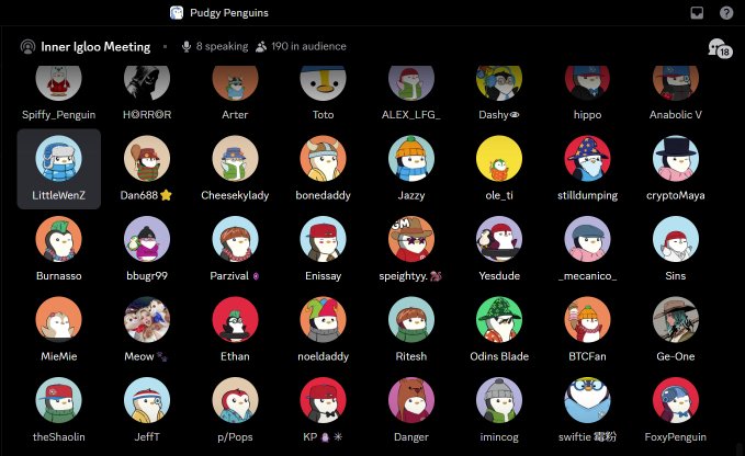 A screenshot of a Pudgy Penguins Inner Igloo Meeting with 8 speaking and 190 in audience, showing penguin avatars with usernames like Spify_Penguin, HΘRRΘR, Arter, Toto, ALEX_LFG_, Dashy, hippo, Anabolic V, LittleWenZ, Dan688, Cheekylady, bonedaddy, Jazzy, ole_ti, stilldumping, cryptoMaya, Burnasso, bbug99, Parzival, Enissay, speighty, Yesdude, _mecanico_, Sins, MieMie, Meow, Ethan, noeldaddy, Ritesh, Odins Blade, BTCFan, Ge-One, theShaolin, JeffT, p/Pops, KP, Danger, imincog, swiftie, and FoxyPenguin.