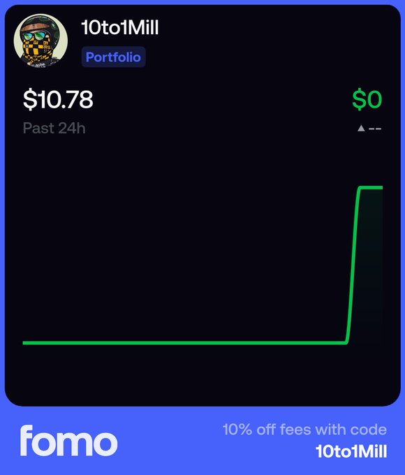 A Fomo app portfolio card for user '10to1Mill' showing $10.78 past 24h with a dramatic spike, promoting '10% off fees with code 10to1Mill'.