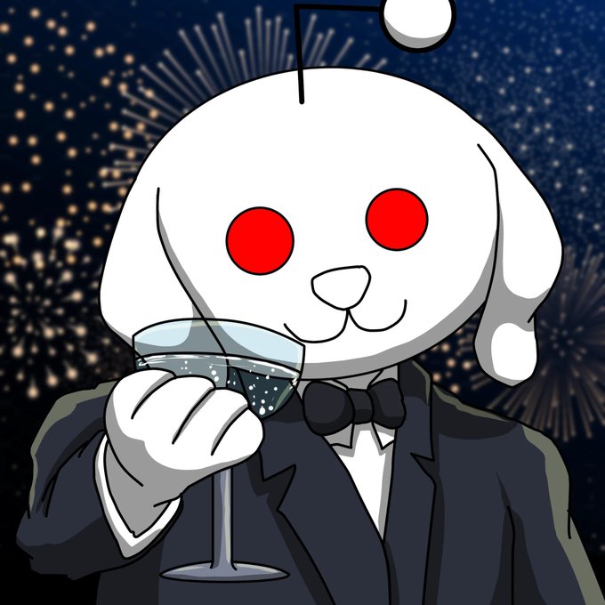 A cartoon white rabbit character with red eyes, dressed in a tuxedo and holding a martini glass, set against a fireworks background.