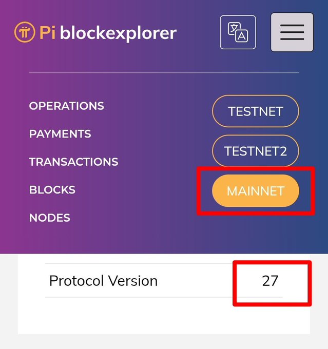 A screenshot of the Pi blockexplorer interface, highlighting the "MAINNET" button in an orange pill shape and a "Protocol Version" of "27," both marked with red boxes.