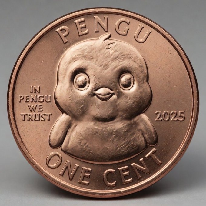 A close-up of a copper coin featuring a chubby penguin design with the text 'PENGU', 'IN PENGU WE TRUST', 'ONE CENT', and the year '2025'.