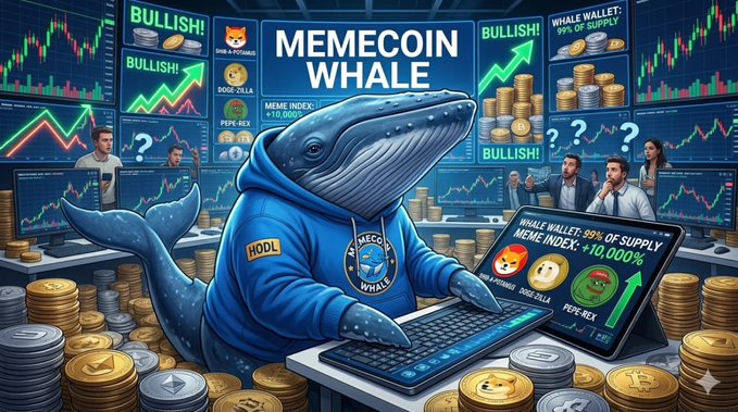A vibrant, cartoonish meme illustration titled 'MEMECOIN WHALE' depicting an anthropomorphic blue whale in a hoodie ('HODL') working at a computer, surrounded by charts, gold coins, and memecoins like DOGE and PEPE-REX.