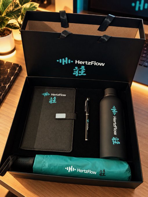 A black HertzFlow branded gift box contains a notebook, pen, water bottle, and folded umbrella, all displaying the 'HertzFlow' logo with stylized wave iconography.