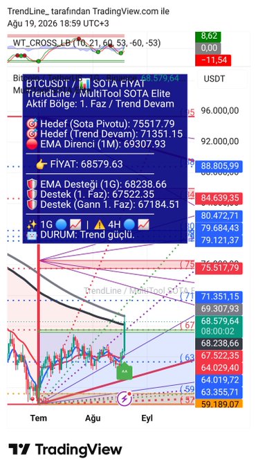 A TradingView chart of BTCUSDT on the 1-hour timeframe shows a blue TrendLine / MultiTool SOTA Elite indicator popup displaying key levels including a pivot target of 75517.79, EMA support at 68579.63, and EMA resistance at 69307.93, with prices currently hovering near the EMA. The chart visually supports the post's claim, as the candlesticks are shown pressing against the "EMA Direnci (1M)" resistance line at 69,307.93, testing it for a potential breakout to greener territory.
