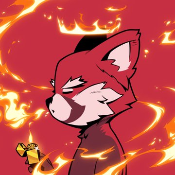 An animated red fox character with a smug expression surrounded by flames, wearing a dark jacket, appears to be from the Five Nights at Freddy's franchise (likely Foxy).