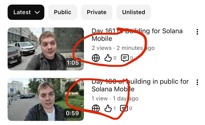A screenshot of a YouTube channel interface showing two video thumbnails about 'Day 161: Building for Solana Mobile' and 'Day 160 of building in public for Solana Mobile,' both circled in red with very low view counts.