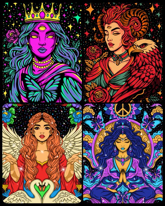 A vibrant stained-glass style illustration featuring four mystical female figures: a crowned queen with butterflies, a horned figure with an eagle, an angel with a swan, and a meditative deity.