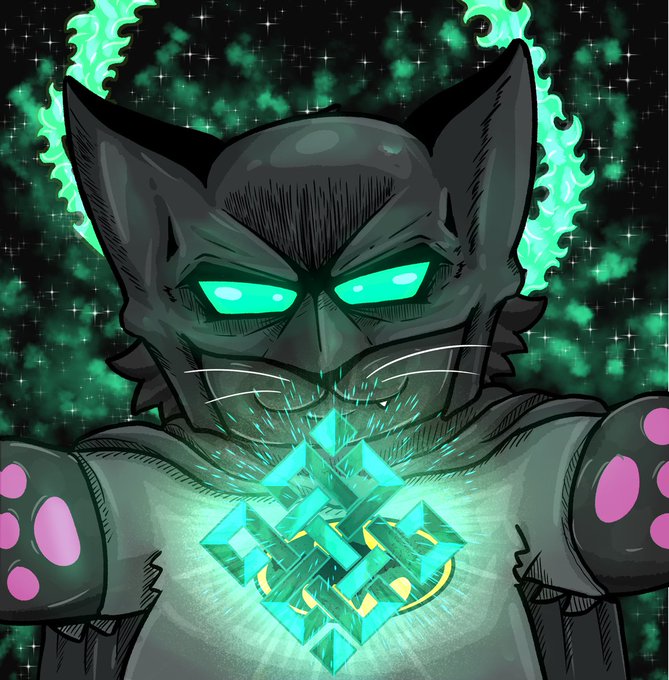 A digital illustration of a black cat with glowing green eyes and green flame-like aura, holding a glowing geometric symbol against a starry green background.