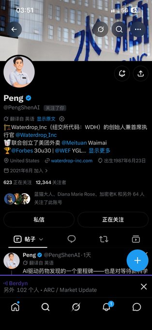 The image shows a Twitter (X) profile page for "Peng" (@PengShenAI), verified with 12,344 followers, noting he is the co-founder of Waterdrop Inc. (ticker WDH) and Meituan Waimai, born June 23, 1987. The displayed tweet is an AI translation about AI-powered motor realization as a milestone. The caption asking "So, are all of these Mr. Shen? 🫪" appears to humorously question whether the various Chinese tech entrepreneurs shown (Waterdrop's Peng, Meituan's Wang Xing) are all "Mr. Shen," since "Peng Shen" and "Shen" share the surname character.