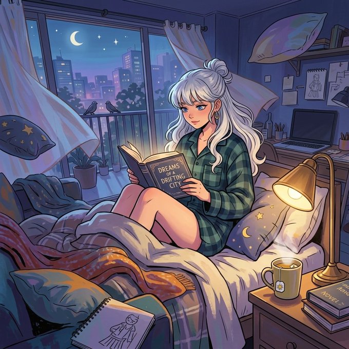 An anime-style illustration of a silver-haired girl reading a book titled 'DREAMS OF A DRIFTING CITY' in a cozy bedroom with a city skyline view at night.