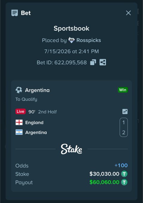 A Stake Sportsbook bet slip on Argentina to qualify vs England (90' 2nd Half) placed by @Rosspicks on 7/15/2026 (Bet ID 622,095,568) shows a winning $30,030 stake cashed out at $60,060, perfectly illustrating the post's celebration of the "crazy comeback" payout.