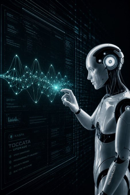 A futuristic AI-themed digital artwork showing a humanoid robot interacting with glowing teal data waveforms, with text reading 'KASPA TOCCATA UPGRADE' and 'SPEED UNMATCHED, PROGRAMMABILITY UNLOCKED, SECURITY PROVEN, BUILT FOR THE FUTURE' by TheKaspaLedger.
