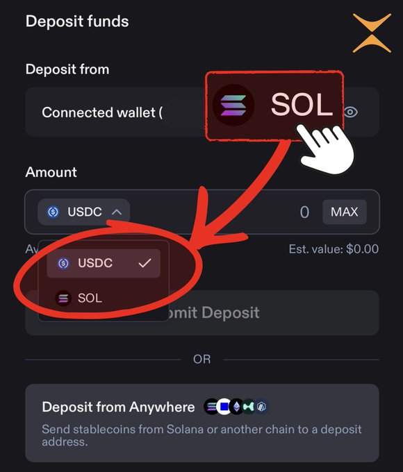A mobile app screenshot titled 'Deposit funds' shows a deposit interface with red hand-drawn circles and an arrow highlighting the selection of 'SOL' from the token dropdown menu.