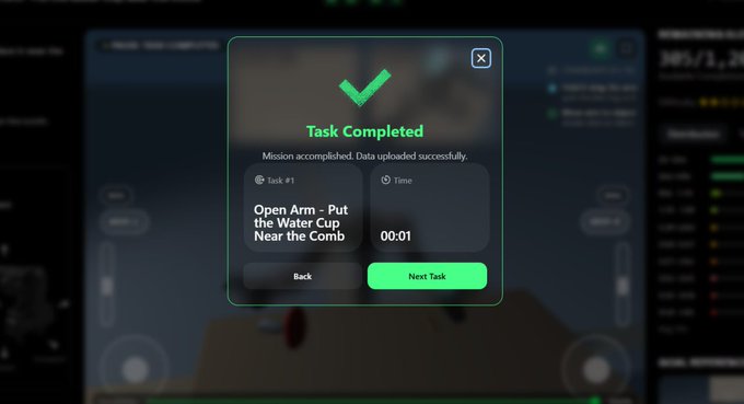 A 'Task Completed' success dialog box on a game interface, showing 'Open Arm - Put the Water Cup Near the Comb' as the completed task in 00:01.