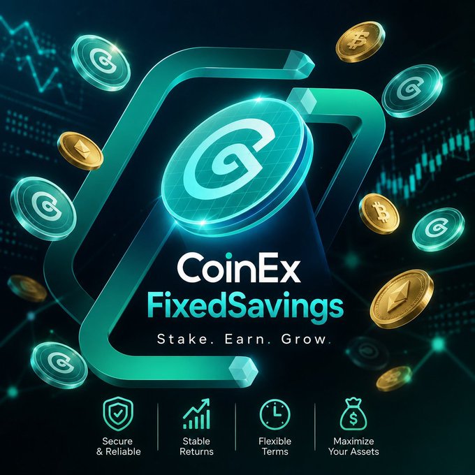 A vibrant marketing banner for CoinEx FixedSavings featuring glowing teal 'C' logos, floating Bitcoin and Ethereum coins, and the tagline 'Stake. Earn. Grow.' highlighting secure returns, stable returns, flexible terms, and maximized assets.