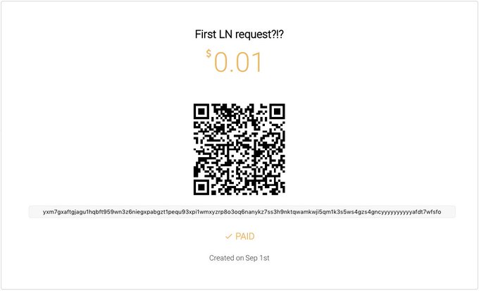 A Lightning Network payment request for $0.01 with a QR code, showing a 'PAID' status and a long alphanumeric payment string, created on Sep 1st.