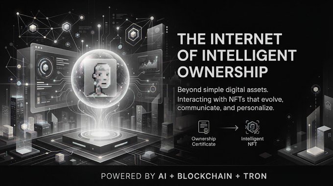 The image is a futuristic black-and-white promotional graphic titled "THE INTERNET OF INTELLIGENT OWNERSHIP," featuring a pixelated AI head within a glowing sphere, surrounded by circuit-like digital interfaces and a cityscape, with text reading "Beyond simple digital assets. Interacting with NFTs that evolve, communicate, and personalize," alongside icons showing an "Ownership Certificate" transforming into an "Intelligent NFT," and a footer stating "POWERED BY AI + BLOCKCHAIN + TRON." 

The image illustrates the post's point about how AI and blockchain, once bold ideas, are merging into everyday tools—specifically by combining them with TRON to create intelligent, evolving NFTs that go beyond static digital assets.