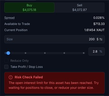 This image shows a trading interface for XAUT, where the trader is unable to execute a trade of $200 due to the "open interest limit," highlighting their frustration with a missed opportunity.