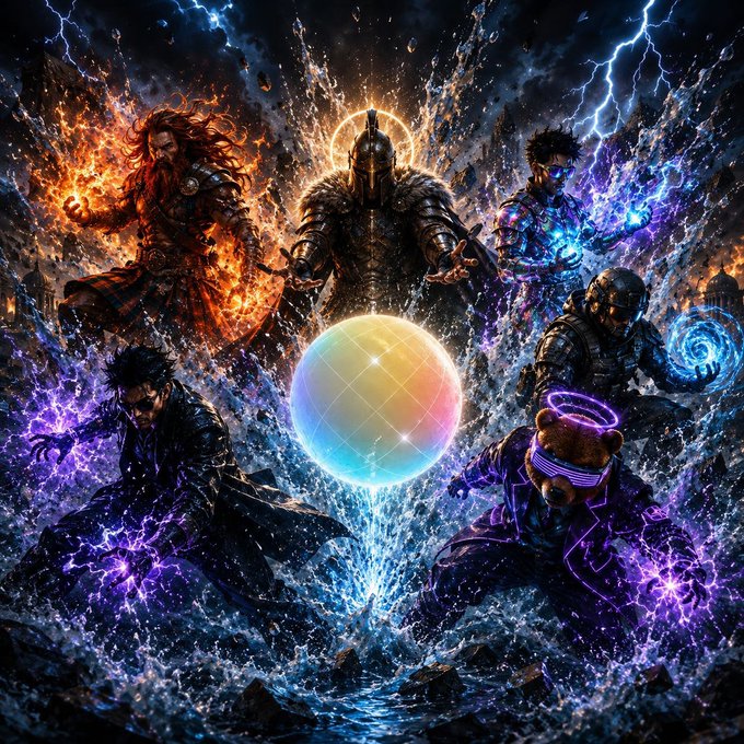 A vibrant fantasy artwork featuring several powerful warrior characters wielding fire and lightning magic around a glowing crystal orb, with an unexpected teddy bear wearing VR goggles in the corner.