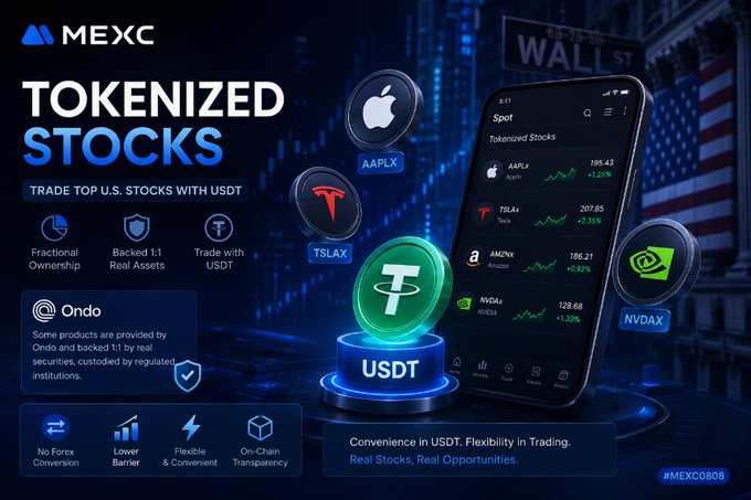 MEXC exchange advertisement for 'TOKENIZED STOCKS' showing tradeable US stocks like AAPL (Apple), TSLA (Tesla), NVDA (Nvidia), and AMZN (Amazon) with USDT.