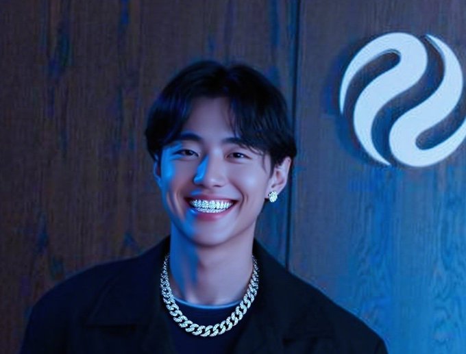 A smiling young man with braces wears a black jacket and a silver chain necklace, standing in front of a wooden background with a logo.