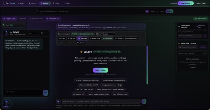 Screenshot of the Solana-based Pump.fun platform showing the CLAIRD token page and CL4IRD Studio menu with agent configuration options.