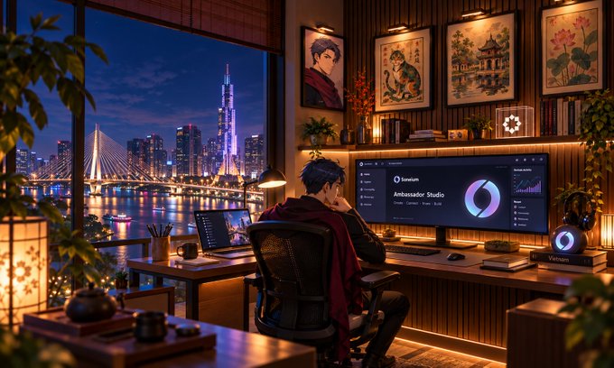 A digital illustration of a person working at a dual-monitor desk displaying 'SoraAI Ambassador Studio,' with framed anime art on the wall and a nighttime cityscape visible through the window.