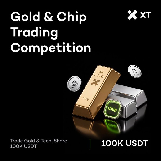 This image advertises the "Gold & Chip Trading Competition" hosted by XT, offering a 100K USDT prize pool for participants. It visually represents the competition's theme with gold and silver bars and a digital chip icon.
