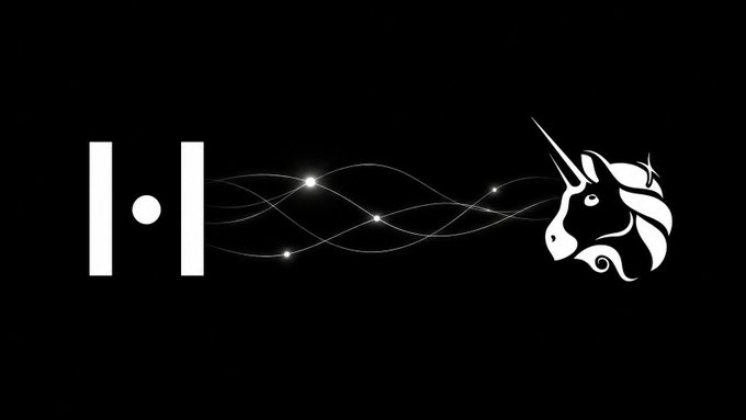 A minimalist black background with white abstract design featuring geometric shapes on the left and a stylized unicorn head logo with flowing lines and stars on the right.
