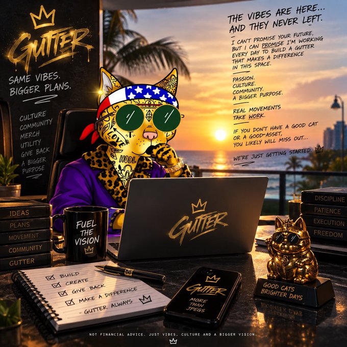A stylized promotional image for 'GUTTER' featuring a cat-like character in sunglasses and an American-pattern bandana working on a laptop at sunset, with motivational text about culture, community, and 'making a difference,' alongside branded merchandise like a 'Fuel the Vision' mug and a 'Good Cats, Brighter Days' golden cat statue.