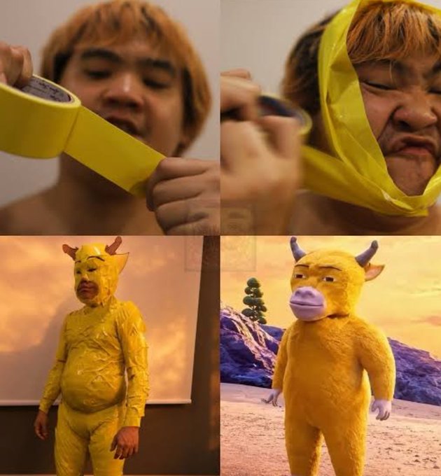 A four-panel meme showing a person using yellow tape to recreate a low-budget version of a yellow cow costume from the Shrek character.