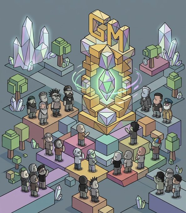 An isometric cartoon illustration showing a crowd of people gathered around a glowing crystal tower labeled 'GM', surrounded by trees and geometric blocks.