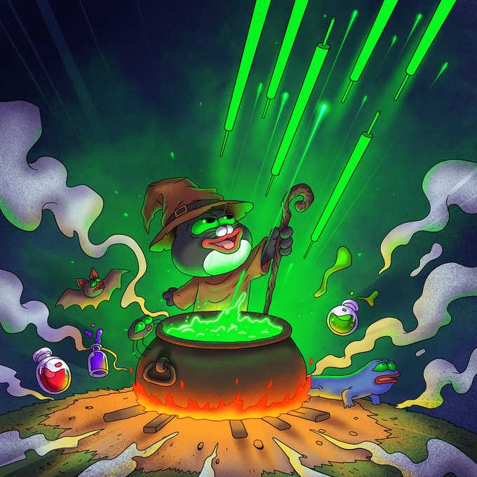 A cartoon cat wizard in a pointed hat stirs a bubbling green potion cauldron, conjuring a brilliant emerald laser beam skyward, with a blue lizard and potion bottles nearby—fitting the magical, crypto-themed vibe of the "Meme Magic $PEPECAT" ParaKingdomArt promotion.