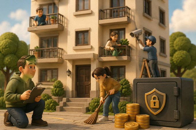 A 3D-rendered illustration showing cartoon characters working together around an apartment building, with a vault full of gold coins and a camera filming the scene.