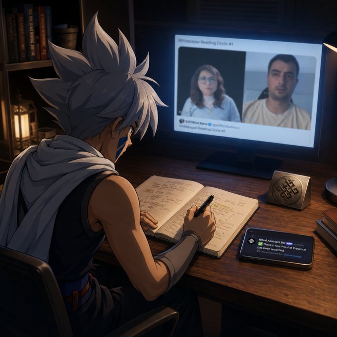 An anime-style character with spiky silver hair studies at a dimly lit desk, taking handwritten notes in an open journal while participating in a "Whitepaper Reading Circle #1" video call featuring two participants, alongside a smartphone notification confirming "Proof of Presence" submission—visually reinforcing the post's message that active engagement and learning are invaluable, not just checkbox tasks.