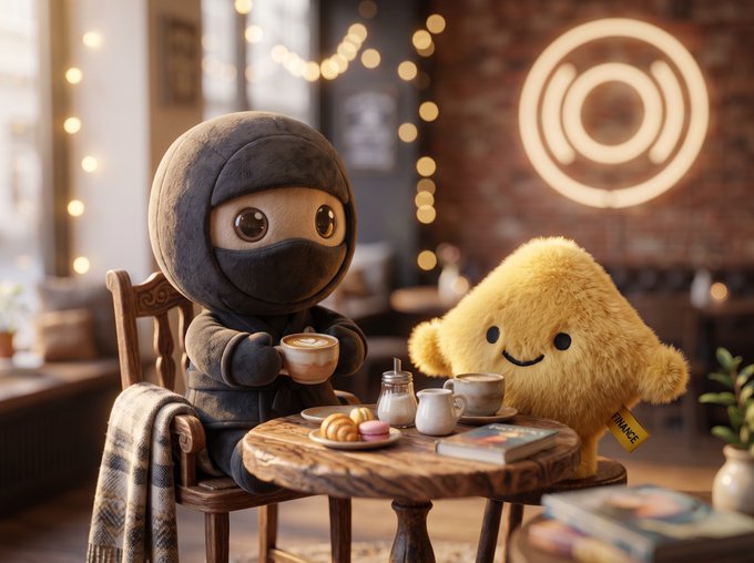 A whimsical 3D illustration of a ninja-like plush character and a fuzzy yellow triangle character having a tea date at a small cafe table.
