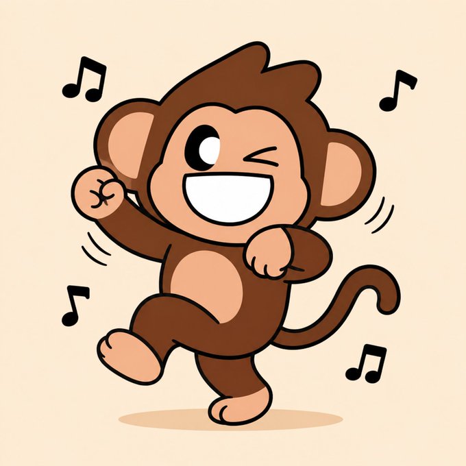 A cartoon illustration of a smiling brown monkey winking and dancing, surrounded by musical notes on a beige background.