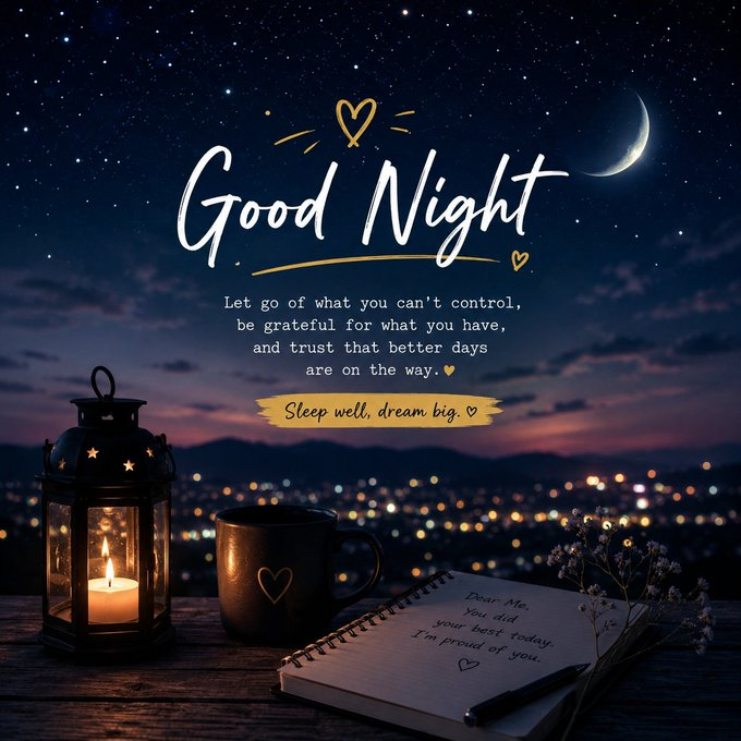 A cozy nighttime scene featuring a lit candle lantern, a mug, and an open notebook on a wooden surface against a starry sky with a crescent moon. The text reads "Good Night - Let go of what you can't control, be grateful for what you have, and trust that better days are on the way. Sleep well, dream big," with a handwritten note starting "Dear Me, You did your best today. I'm proud of you" — capturing the reflective, grateful tone of the post about looking beyond surface-level price action.