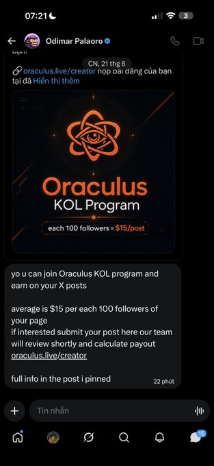 A Telegram message from Odimar Palaoro promotes the "Oraculus KOL Program," offering $15 per post for every 100 followers. The accompanying Vietnamese post asks viewers to identify the project, seeking clarification about what Oraculus is.