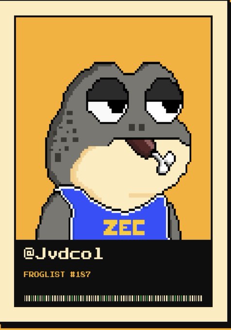 A pixel art trading card featuring a gray frog character wearing a blue shirt with 'ZEC' written on it, smoking a cigar, with the handle '@Jvdcol' and 'FROGLIST #187' labeled below.