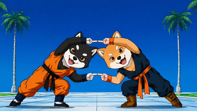 The image features two cartoon dogs, one black and one orange, standing next to each other with their arms crossed over their chests. They are positioned in a way that suggests they might be fighting or engaged in a playful interaction. The background of the image includes palm trees, which adds to the overall theme of a tropical setting. There is also text present in the image, but it does not seem to have any direct connection with the main subject matter - the two cartoon dogs and their arms crossed.