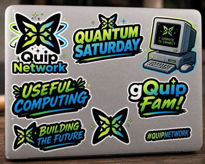 The image features a silver laptop with various stickers, including one that says "Quantum Saturday" and another that reads "gQuip fam!". The laptop has a sticker of a butterfly and a computer monitor behind it. The text on the stickers includes phrases like "useful computing", "building the future", and "gQuip fam!". These phrases are related to the concept of using technology for fun, creativity, and connecting with others through social media platforms.