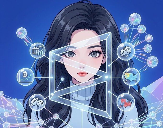 An anime-style illustration of a woman with flowing hair surrounded by icons including a Bitcoin chart, football, Fed building, and US map, overlaid with a geometric play button symbol.